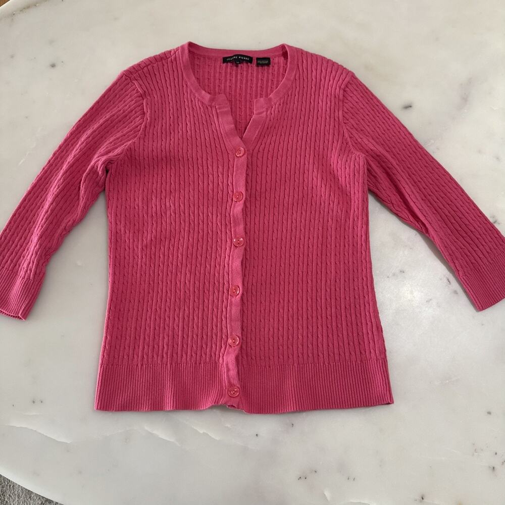 Jeanne Pierre Cardigan Womens M Cable Knit Sweater Dark Pink Button Front Preppy